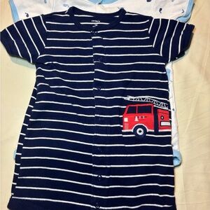 Carter's Navy and White Striped Onesie with Red Fire Truck